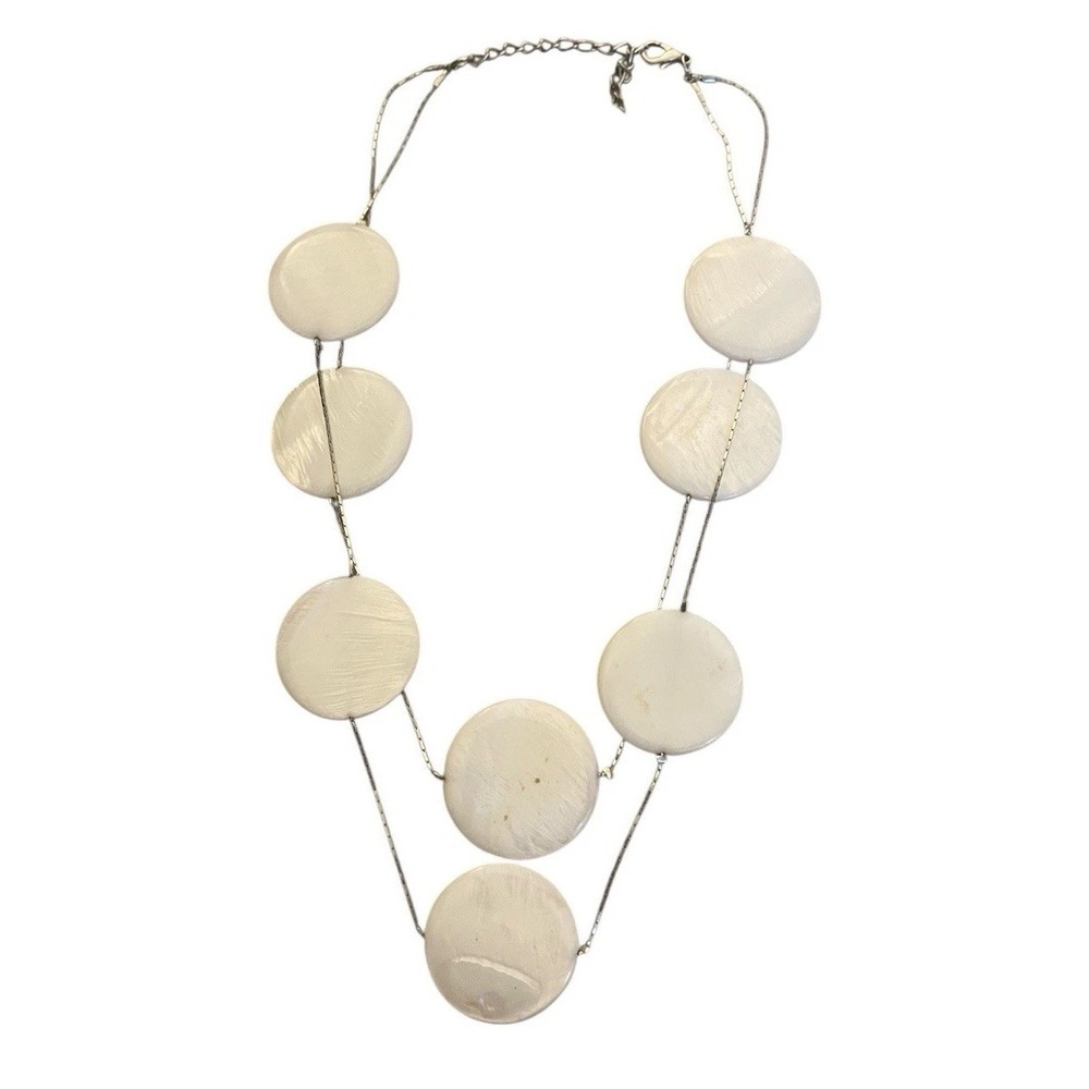 Vintage Pearlized‎ Round Flat Beads Mother Of Pearl Necklace Silver Chain